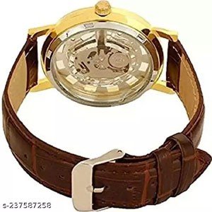 Unique Designer Open Mechanical Open Gold Dial Leather Belt Analog Watch - for Men