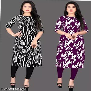 Women Crepe Fabric Printed Straight Kurti PACK OF 2, Extra plus Size -S,M,L,XL,XXL,2XL,XXXL,3XL,4XL,5XL,6XL,7XL,8XL ( New Arrival New Design Fashionable Kurti )