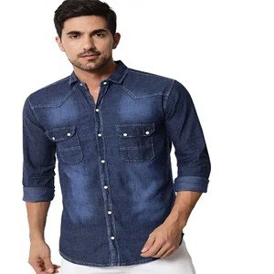 Navy Blue Denim Solid Casual Shirts For Men