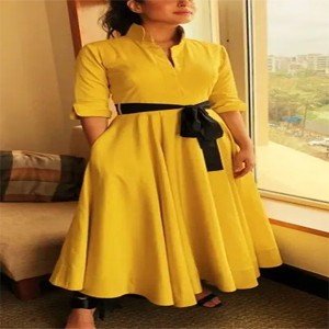 Solid yellow A line collar neck women dress
