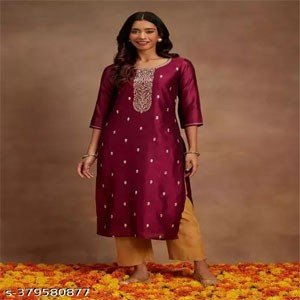 Embroidered Silk Blend Kurta | Women's Straight Kurti | Silk Blend Embroidered Kurta | Elegant Embroidered Kurta for Women | Traditional Straight Kurta Design | Stylish Silk Blend Kurta