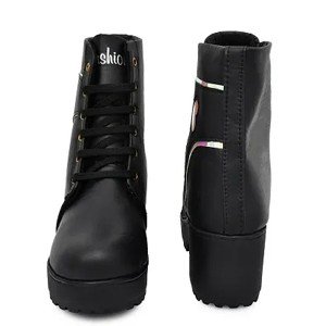 Elegant black synthetic solid heeled boots for women