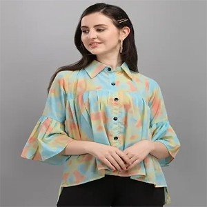 Stylish Colour-Block Print Top With Bell Sleeves