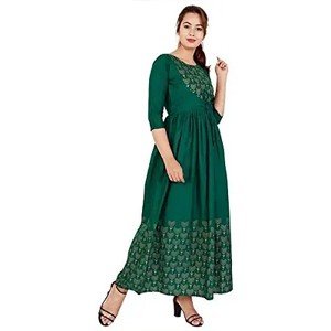 Elegant Olive Cotton Gold Printed Women Anarkali Kurta