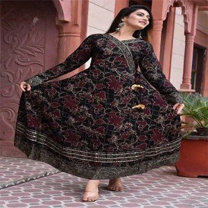 Black Rayon Floral Print Kurtas For Women