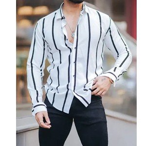 white polyester spandex striped casual shirets for men