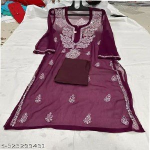 CHIFFION GALABOOTI HANDWORK MIRROR WORK KURTI WITH SLIP
