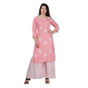 Stylish Rayon Pink Gota Work 3_4 Sleeves Straight Kurta With Palazzo Set For Women