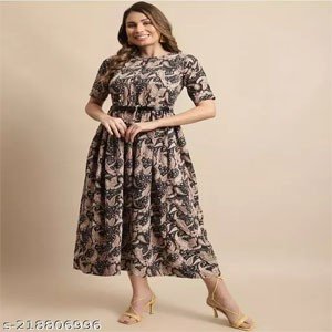 Women's Black Printed Knee-Length Dress With Belt (Gown-103)