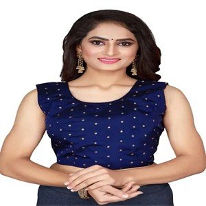 Stylish Navy Blue Taffeta Silk Jacquard Back Hook Padded Blouse For Women