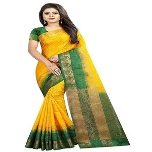 Nirja Fab Women Tusser Silk Banarasi Saree for women(Emboss mor) (Yellow Green)