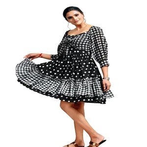 Stylish Crepe Georgette Black Polka Dot Print Boat Neck Balloon Sleeve Dress For Women