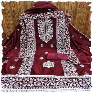 BlissFlair Women's Maroon Chanderi Cotton Embroidered Dress Material With Heavy Neck And Lace (Unstiched)
