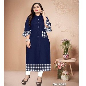 Navy Blue Cotton Checked Kurtas For Women