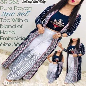 Women Rayon Crop Top Kurti Embroidered Short Kurti With Palazzos