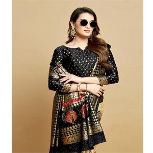 Beige Black Kanjeevaram Jacquard Silk Woven Saree with Blouse Piece