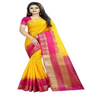 Nirja Fab Women Tusser Silk Banarasi Saree for women(Emboss mor) (Yellow Pink)