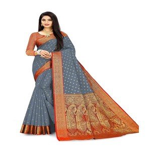 Kitmist Women's Banarasi Jacquard Silk Traditional Saree With Unstitched Blouse Piece Woven Saree (Grey)