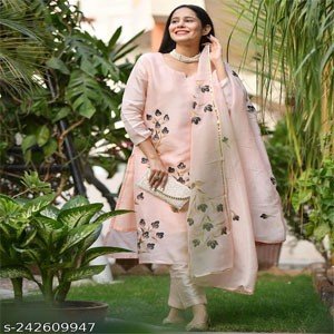 Indira Fashion Women's Cotton Blend Peach Straight Printed Kurta with Trouser & Dupatta