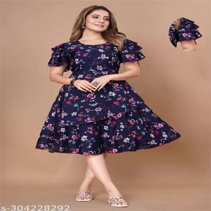 Women Navy Blue & Pink Floral Print Layered Knee Length Dress