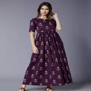 Women's Printed Deep Back neck Long Anarkali kurti