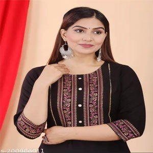 Sagsi Women Rayon Ethnic Wear for Casual and Festive Occasions Gold Printed Straight Fit Kurti(Black) |Ethnic Kurti for Women|Kurtis & Kurtas |Simple & Party Wear Kurti|