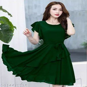 Women Green Solid Knee Length, Fit And Flare & A-line Georgette Dress