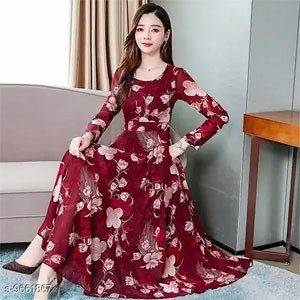 SHIVA MAROON 07 FLOWER PRINTED LONG DRESS