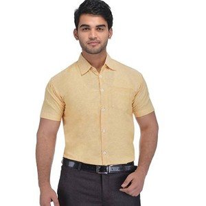 Yellow Cotton Solid Short Sleeve Formal Shirt