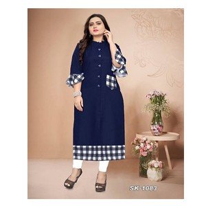 Navy Blue Cotton Checked Kurtas For Women