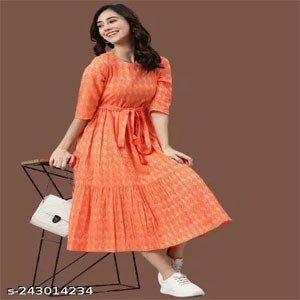 Cotton Printed Stylish Orange Kurti Dress For Women/Girls