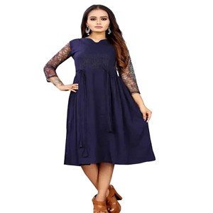 Stylish Fancy American Crepe Applique Round Neck 3_4th Sleeve Fit And Flare Dresses For Women