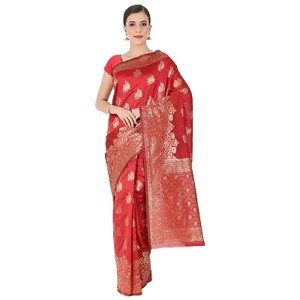 Leeza Store Women Red Color Banarasi Silk Saree With Blouse Piece