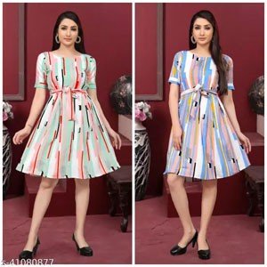 Trendy Women Printed Western Dress With Half Sleeve Belt in Amazing Colour Combination (Combo)