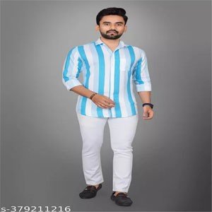 Voroxy Men Regular Fit Steiped Spread Collar Casual Shirt - Blue