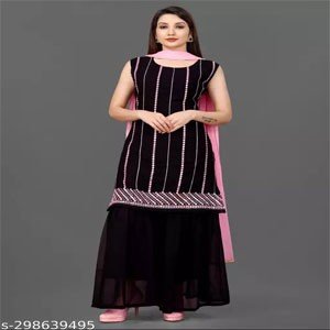 Anvruya Boutique Women Embroidered Fashionable Sleeveless Mirror Work Kurta, Sharara and Dupatta Set for Wedding, Party & Festivals