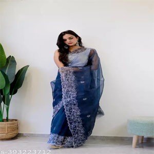 Women's Pure soft organza silk saree with beautiful viscose thread embroidery work and Arco border