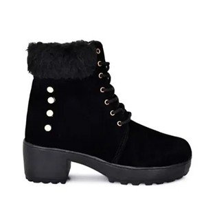 Elegant black synthetic solid heeled boots for women
