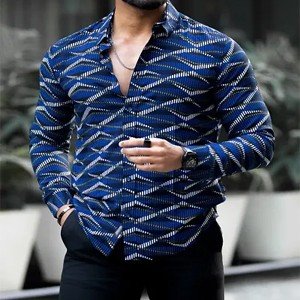 Navy Blue Polyester Spandex Printed Casual Shirts For Men