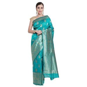 Leeza Store Women Banarasi Silk Saree With Blouse Piece (Rama Color_Free Size)
