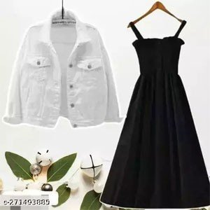 Solid Denim Jacket With Solid Black Sleeveless Dress Foe Girls