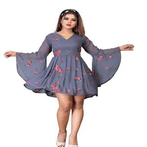 Grey Georgette Embroidered Dresses For Women