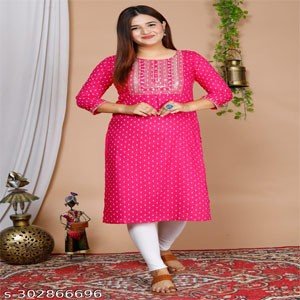 Women Fashionable Embroidery Rayon Printed Straight Pink Kurti