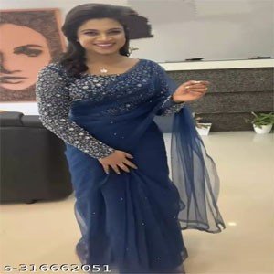 Net Navy Blue Revert Work Saree With Embroidery Wrok Blouse