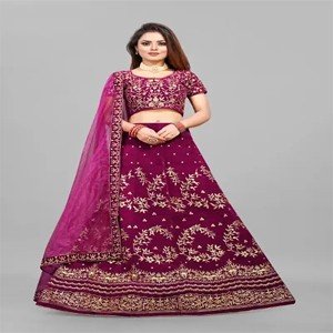 Women Velvet Embroidered Semi Stitched Lehenga Choli And Dupatta Set