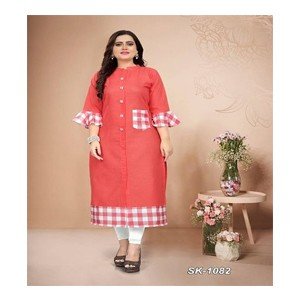 Peach Cotton Checked Kurtas For Women