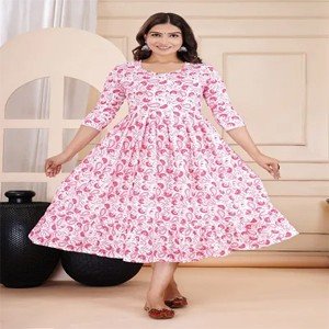 Stylish Yellow Rayon Indo-Western Printed Semi-Stitched Ethnic Gown For Women