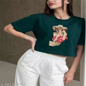 Funky Women's Bottle Green Loose Fit Round Neck Half Sleeve Fashion Girl Print Cotton Crop Top T- Shirt