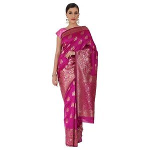 Leeza Store Women Pink Color Banarasi Silk Saree With Blouse Piece
