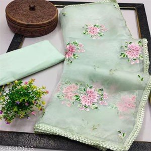 Green Floral Embroidered Organza Saree